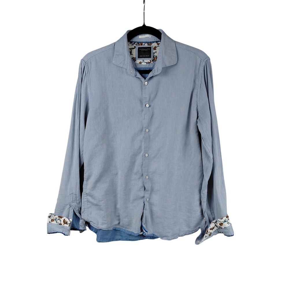 Denim & Flower Ricky Singh Mens Medium Light Blue‎ Floral Trim Button Down Shirt